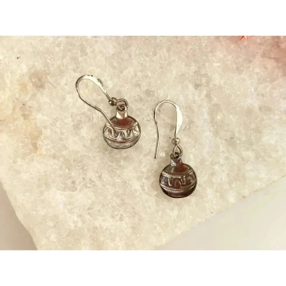 Silver Toned Gold Glitter Adorned Vintage Ornament Shaped Dangle Earrings - Picture 4 of 7